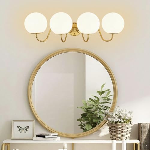 Image of Vintage Brushed Gold Bathroom Vanity Light Fixtures Over Mirror 4 Lights
