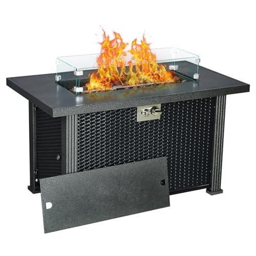 Outdoor Fire Table, 44 inch Rectangle Propane Gas Fire Pit Table, 50,000 BTU Modern Firepit with Wind Guard, Lava Rock, Rain Cover