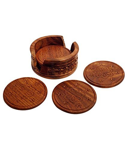 Image of Wooden Coasters Set of 6 Handmade Coaster Set of 6 Tea Coaster Set of 6 with Minute Intense Carving with Decorative Holder Tabletop Coasters for Tea Coffee Cups Mugs Beer cans bar Glass