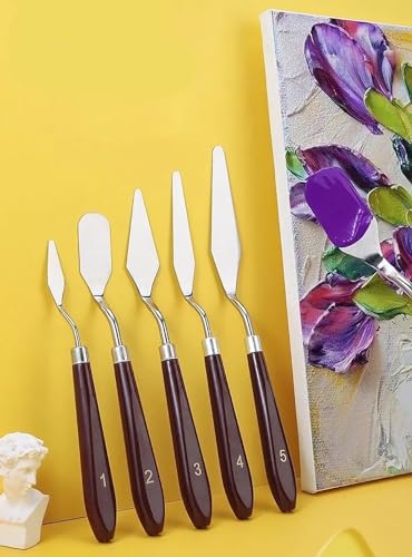 Image of GLUN Set of 5 Palette Knives for Painting, Various Size & Shape, Stainless Steel Spatula, Brown Polished Handle for Artist Canvas Oil Paint Color
