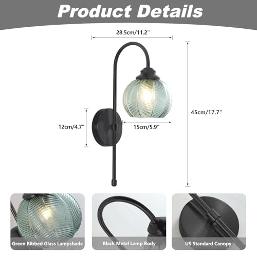 Image of KCO Lighting Mid Century Modern Wall Sconce Matte Black Vintage Bathroom Light Fixture Green Glass Globe Wall Light Hallway Indoor Sconces Wall Lighting Set of 2