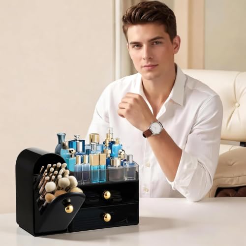 Image of HBlife Makeup Organizer Countertop with Drawers, Cologne Organizer for Men, Vanity Organizers with Brush Holder, Bathroom Countertop Organizer Skin Care Storage, Gift for Dad Husband, Black and Gold