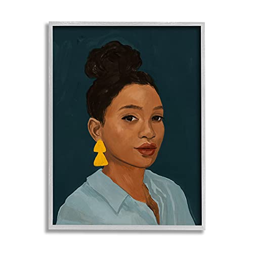 Stupell Industries Sophisticated Female Portrait with Yellow Triangle Earrings, Designed by Victoria Barnes Wandbild, gerahmt, Grau, blau, 11x14 Cover