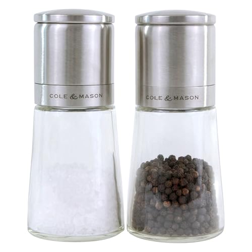 Cole & Mason Clifton Salt & Pepper Mill Gift Set - Adjustable Salt & Pepper Grinders - Refillable Spice Tools - Kitchen Tool - Stainless Steel/Glass, Black/White