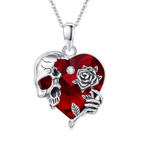 Image of S925 Sterling Silver Skull Pendant Necklace Heart Crystal Birthstone Skull Necklace Gothic Jewlery Gifts