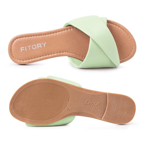 Image of FITORY Women's Flat Sandals Fashion Slides With Soft Leather Slippers for Summer Size 6-11