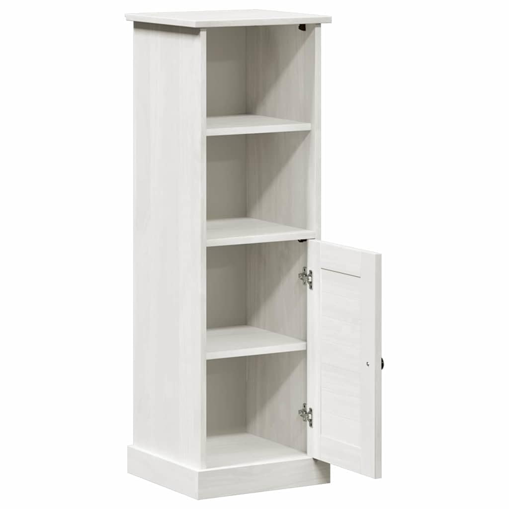 VIGO - Armadietto da bagno bianco anticato in legno di pino massiccio, 37 x 34 x 110 cm, con 4 ripiani e porta, per bagno degli ospiti, WC, spazio per ordine e ripiano