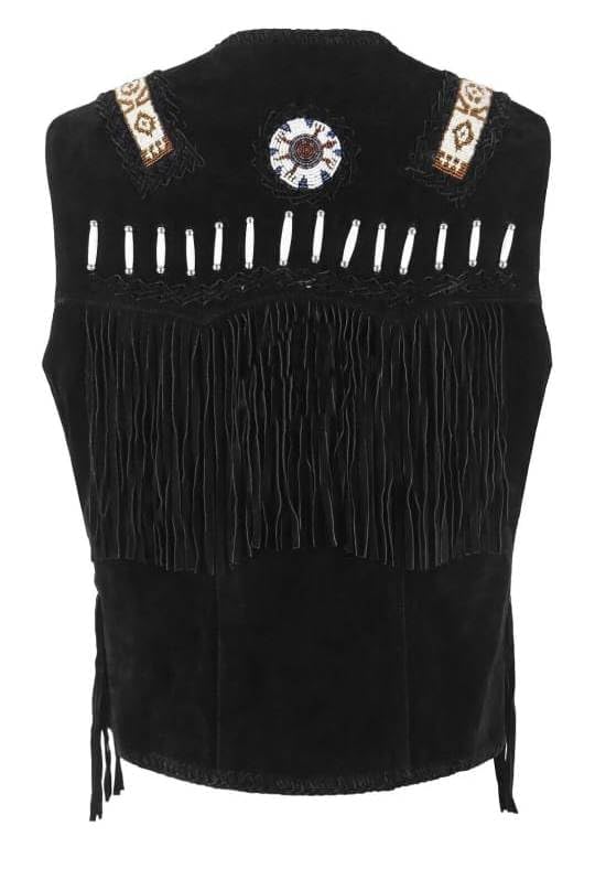 Image of Western Style Cow Suede Leather Vest for Men with Native American-Inspired Design, Fringes, Beads & Braid