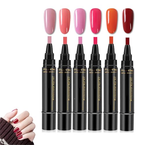 6 Colors Polish Nail Polish Pens UK,DIY Nail Varnish Pens 3 In 1 Gel Nails Polish Pen Set, One Step DIY Nails Varnish Pen, Non UV Gel Nails Polish Crafts Pen, for Girls and Ladies (Set A)