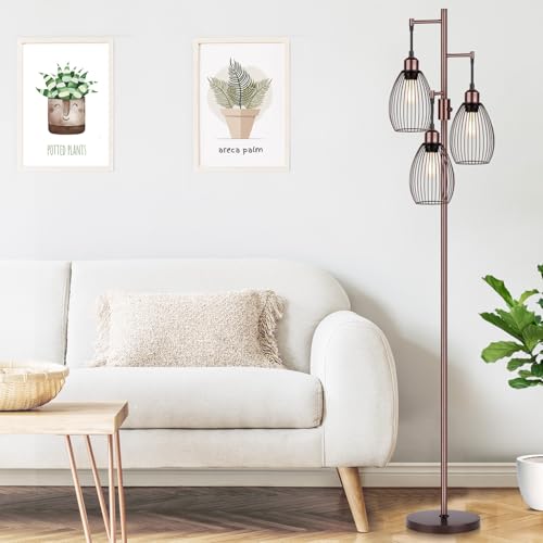 Image of Dimmable Floor Lamp, 3 x 800LM LED Edison Bulbs Included, Farmhouse Industrial Floor Lamp Standing Lamp with Elegant Teardrop Cage Head Tall Lamp for Living Room Bedroom Office Dining Room - Brown