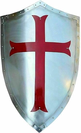 Medieval Battle 16-Inch Decorative Wall Shield, Red Cross Design, Silver Metal Finish (Battle Armor Shield Metal)