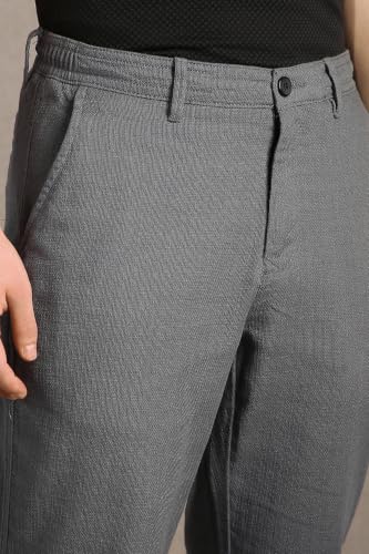Image of Louis Philippe Men's Regular Straight Fit 100% Cotton Solid Elasticated Dobby Casual Trousers