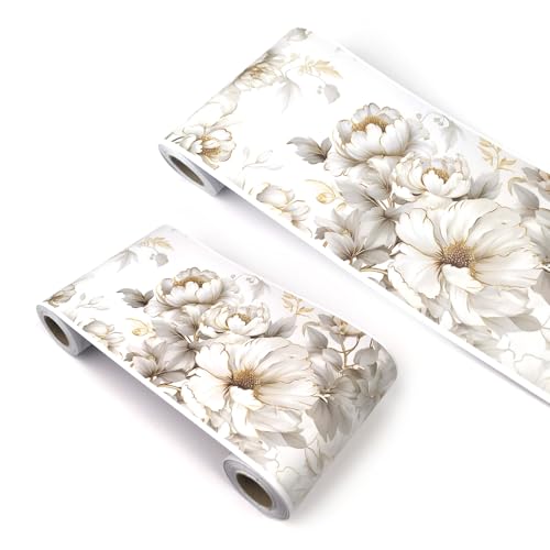 VisitRyl Bordi per Carta da Parati Adesivi Cartoon Children's Room Fiore di peonia bordato in oro bianco YX111 12cm X 1000cm Design Decorativo