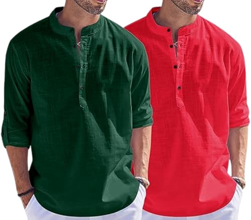 Image of Men's Cotton Blend Straight Kurta Shirt Combo with Mandarin Collar - Slim Fit Casual Short Kurti Set Featuring Textured Slub Fabric and Roll-Up Full Sleeves