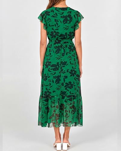 Image of BTFBM Women Summer Bohemian Floral Casual Wrap V Neck Ruffle Cap Sleeveless Belt A-Line Pleated Hem Midi Sun Dress White