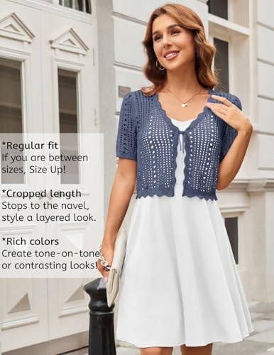 Image of Kate Kasin Women Crochet Shrug Knit Sweater, Short Sleeve Cropped Cardigan | Tie Front Tops Light Weight, Knit Cover Up Arm Bolero For Evening Dresses Dressy Casual, Ladies Eyelet Shawl Thin Formal