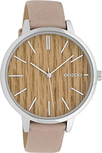 Oozoo Damenuhr mit Lederband 42 MM Braun Holz/Pinkgrau C9746
