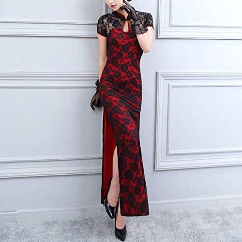 Women's Floral Lace Cheongsam Maxi Dress Sexy Long Split Chinese Qipao Slim Evening Party Dress (Keyhole-Red/Black, XL)