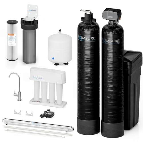 Aquasure 48,000 Grains Whole House Water Softener & GAC/KDF85 Conditioner Bundle with 75 GPD Reverse Osmosis RO Filtration System, 12 GPM Ultraviolet UV Light System for 3-4 Bathrooms