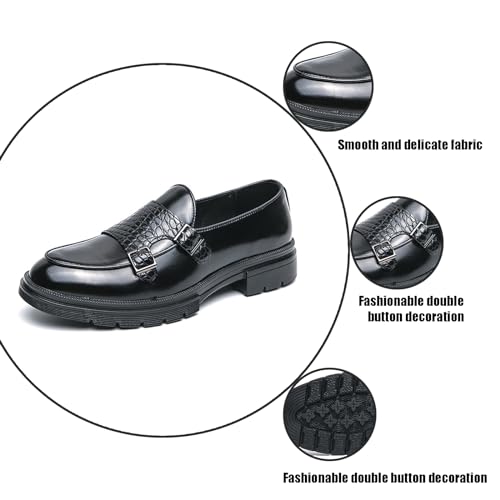 Men's Leather Platform Slip on Loafers with Dual Buckle Decor Luxury Round Toe Lug Sole Non-Slip Dress Shoes Casual Low Block Heel Business Work Office Shoes3