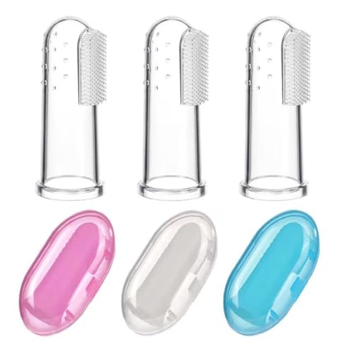 Brosse à dents en silicone pour bébé souple avec son étui de rangement bleu et rose