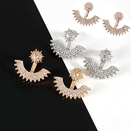 Jumwrit Starburst Earrings: Spike Ear Jacket & Dangle Earrings in Silver with Rhinestone Stones4