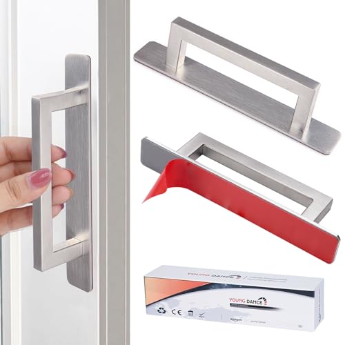 Young Dance Self-Stick Adhesive Cabinet Handles - 6 Stainless Steel No-Drilling Easy Installation Handles for Cabinet Door Window Drawer & Refrigerator Microwave| Square Silver 2Pack
