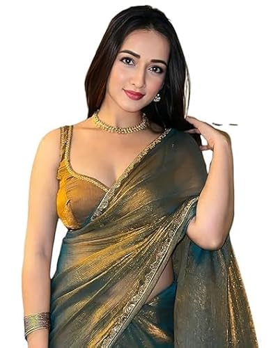 AL KASEEN Women's Chiffon Two Tone Saree (With Blouse) (Gold