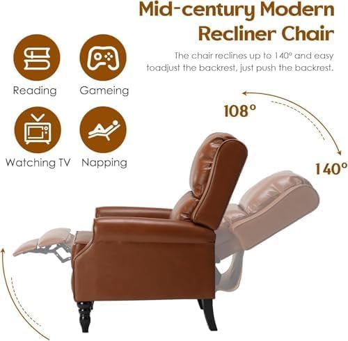 Image of Leather Recliner Chair, Pushback Recliner Chair with Adjustable Backrest Footrest, Mid Modern Reclining Chair with Overstuffed Arms Lumbar Support for Reading, Living Room, Brown