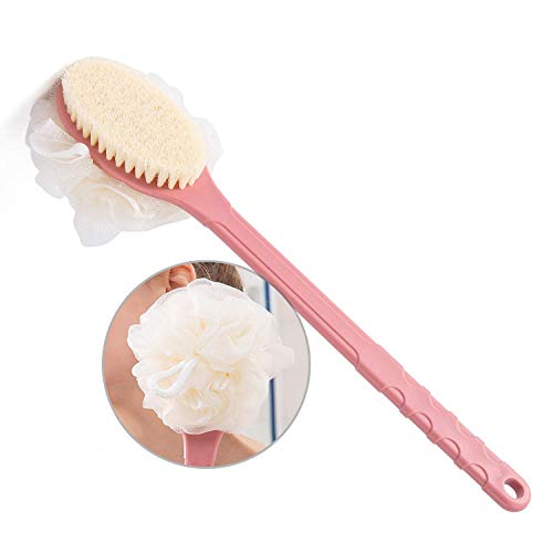 Shower Body Brush with Bristles and Loofah,Back Scrubber Bath Mesh Sponge with Curved Long Handle for Skin Exfoliating Bath, Massage Bristles Suitable for Wet or Dry, Men and Women (Blue) (Pink Blue)