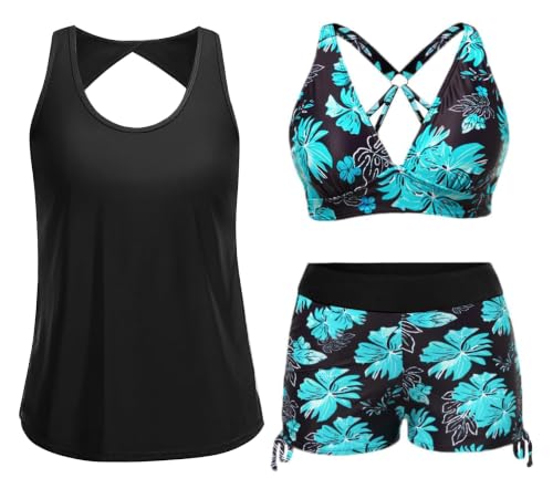 Image of Yonique 3 Piece Swimsuits for Women Athletic Tankini Teen Bathing Suit Tummy Control Modest Swimwear with Boy Shorts