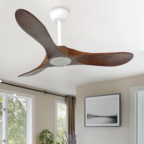 Image of 42'' Outdoor Ceiling Fan no Light,Solid Wood Ceiling Fan with Remote Control,Quiet and Reversible DC Motor with Large Airflow for Living Room,Patios,Gazebo (White+Dark Walnut)