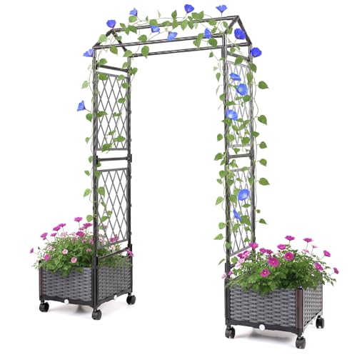 RELAX4LIFE Arco da Giardino con 2 Fioriere, Sistema Auto-Irrigazione, Ruote con Freni e Traliccio Rampicante, Struttura in Acciaio Rivestito per Orto, Fiori (Tetto (Grigio))