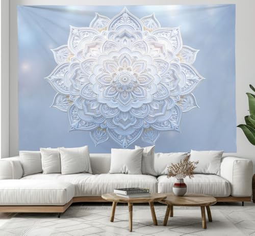 Tenture murale mandala et lotus blanc 230x180cm pour déco chambre zen