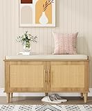 Akxomel Natural Rattan Shoe Storage Bench with Cushion, Entryway Shoe Cabinet Bench with 2 Doors, 15'D x 39.4'W x 20'H, Wooden Shoe Organizer, Adjustable Shelf, Solid Wood Legs, for Hallway, Bedroom