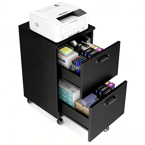 Image of Simple Deluxe 2 Drawer Filing Cabinet, Wood Rolling Filing Cabinets with Printer Stand, Under Desk Storage Lockable Wheels, Home Office Organizer for A4 Letter Legal Size Documents,Black