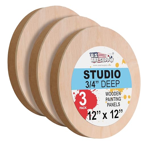 U.S. Art Supply 12" Unfinished Round Birch Wood Panels for Painting, Wooden Canvas 3 Pack of 3/4" Studio Deep, Cradle Boards for Acrylic Pouring, Art, Crafts, Epoxy Resin, Laser Engraving Cutting
