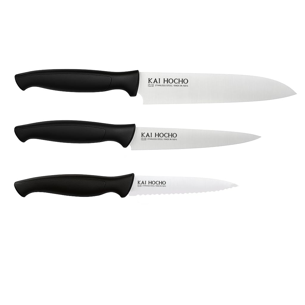 Hocho Japanese Technology Serrated Knife 9.6 cm Blade, Hocho Utility (M) Knife 14.5 cm Blade, Hocho Utility (S) Knife 12.5 cm Blade, Black Stainless Steel Knife Set (Pack of 3)