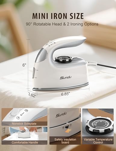 Image of 1000W Mini Travel Steam Iron, Portable Small Iron for Quilting & Sewing, Non-Stick Soleplate, 300 Steam Holes, 90ml Tank