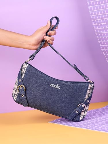 Image of ZOUK Lyra Small Shoulder Bag for Women - Denim & Printed Shoulder Bag with Water-Resistant Lining | Handcrafted Sling Bag with Multiple Pockets & Zip Closure for Daily & Weekend Use |
