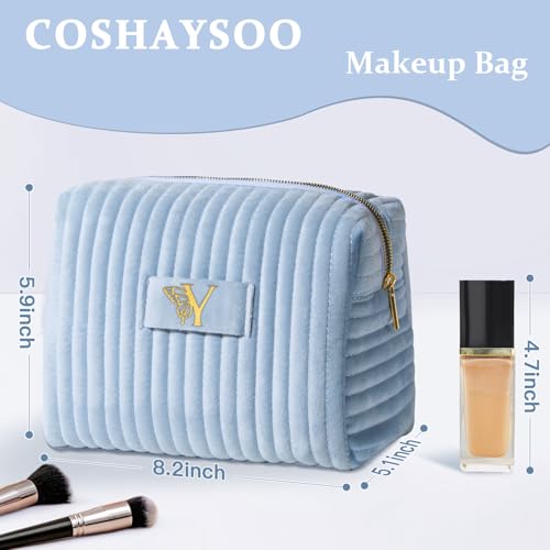 Image of COSHAYSOO Initial Travel Makeup Bag Quilted Make Up Pouch Velvet Cosmetic Birthday Gifts for Women Beauty Tools Accessories Organizer Blue Letter Y