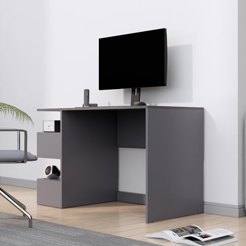 Image of Bniture Wooden Study Table for Home | Engineered Wood Study Table with Side Storage Shelf | Multi Purpose Computer Desk for Writing & Study | Laptop Table for Study Room & Office | Slate Grey