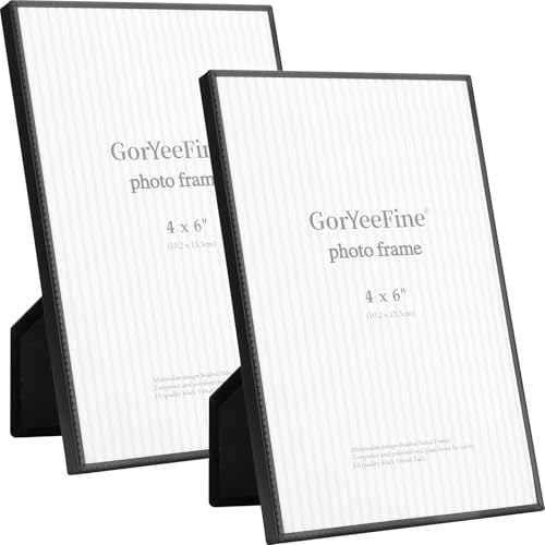 GorYeeFine 4x6'' Matte Black Metal Picture Frames 2Pack with HD-Tempered Glass - Minimalist Design Thin Edge with Beading, Velvet Back,Tabletop & Wall Mount