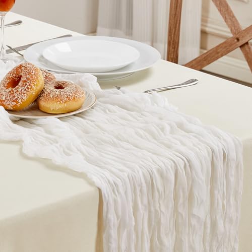 AGIRL White Cheesecloth Table Runner 10FT Long Boho Gauze Table Runner Rustic Sheer Runner for Spring Summer Graduation Wedding Bridal Baby Shower Birthday Party Table Decor Easter Decorations