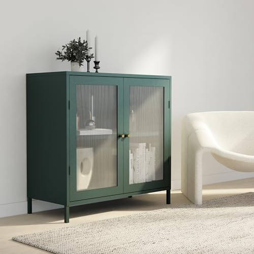 Mount Brook Moderno armario buffet con almacenamiento, color verde oscuro mate, armario decorativo con puertas de vidrio estriado y estante ajustable para sala de estar, entrada, comedor y sala
