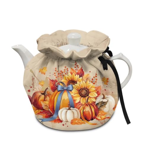 Image of Retro Fall Tea Cozy for Teapot Pumpkin Bow Tea Cosy with Insulated Pad Heat Resistance Kettle Covers Coffee Pot Dust Covers for Party Thanksgiving Home Decor