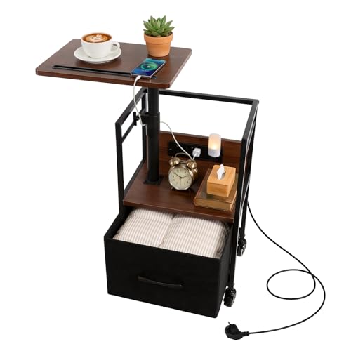 Bingyouth 360° Swivel Nightstand with Height Adjustable, Rolling Bedside Table with Charging Station, Night Stand with Drawer Storage for Bedroom, Space-Saving End Table-Walnut Look