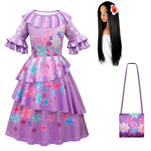 YOSICIL Vestido Isabela Encanto Isabella Cosplay Dolores Disfraces Luisa Niñas Princesa Con Bolsa Con Peluca Manga Corta Cosplay Halloween Navidad Morado,140