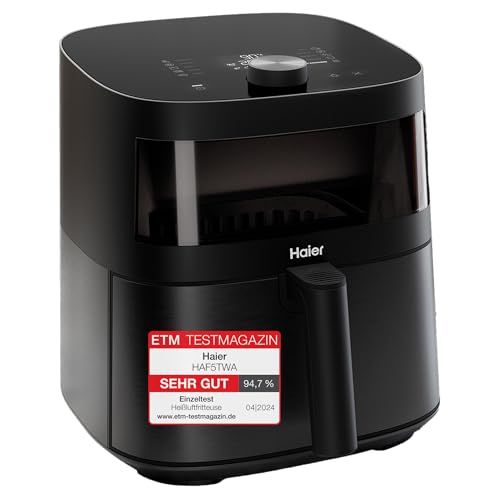 Haier Air Fryer XXL I-Master Serie 5 Friteuse Sans Huile, Capacite 7L jusqu'à 6 personnes, Fenêtre de Contrôle, Cuisson à l'Air Chaud,Rôtissage,Gril, Cuisson Lente, Décongélation, Yaourt, Noir