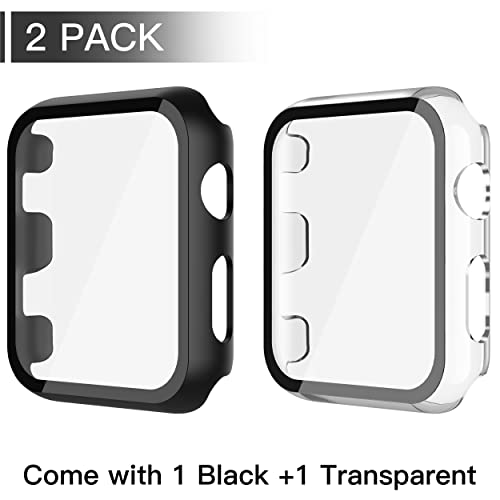 Image of Piuellia 2 Pack Hard Case with Tempered Glass Screen Protector for Apple Watch Series 3 Series 2 42mm, Ultra Thin PC Protective Case for iWatch, 1 Black+1 Transparent